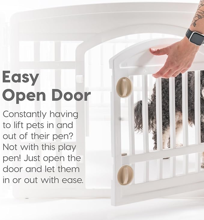 IRIS USA 4-Panel Dog Playpen, Pet Enclosure, White | Puppy Training, Configurable Layout, Multi-Shape Setup, Custom Pen Configuration, Secure Door Latch, Stable Non-Tip Base