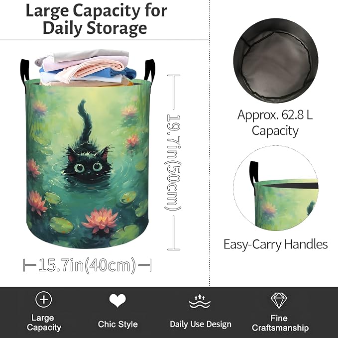 Black Cat Laundry Basket, Cute Kitten Swimming Foldable Oxford Cloth, Waterproof Dirty Clothes Hamper with Handles, Clothing Storage Bin Toy Organizer for Bedroom Dorm Bathroom, 19.7"x15.7"