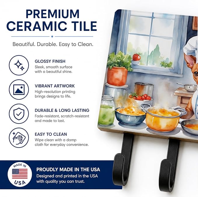 Caroline's Treasures Basenji The Chef Leash or Key Holder Wall Hooks, Key Hooks Holder, Coat Rack Wall Mount, Coat Hooks, Hooks for Hanging Keys, Towels, Aprons, Leashes | Basenji The Chef artwork on ceramic tile with three steel hooks for keys, leashe...