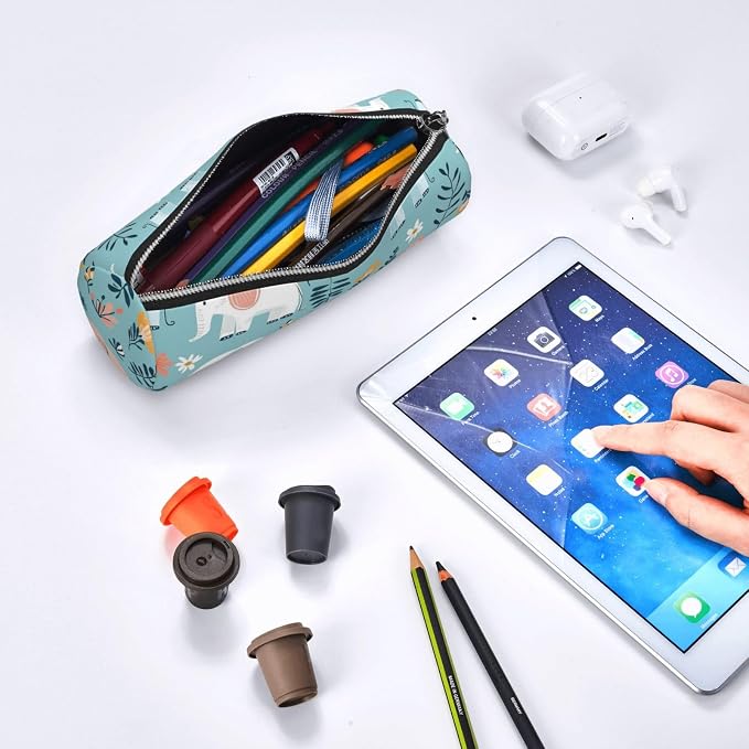 OSAM SPACE Leather Pencil Case Round Pencil Bag Elephants Flowers Leaves Pen Organizer Holder Portable Zipper Pouch Cute School Supplies for Girls Boys Study Office