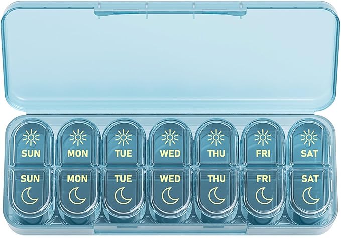 Daviky Pill Organizer 2 Times a Day, AM PM Pill Organizer Box Weekly 7 Day | Portable Travel Pill Organizer, Cute & Compact, Easy-Open Large Compartments, Reusable for Pills, Vitamins & Supplements