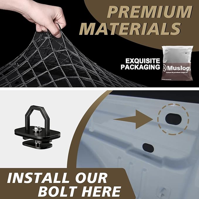 Muslogy Cargo Net for 2015-2022 Chevy Colorado & GMC Canyon Accessories | Custom Fit, Truck Bed Storage Organizer Net for Pickup Truck Bed Divider, Heavy Duty Carabiners, Night Visible Grab Handle