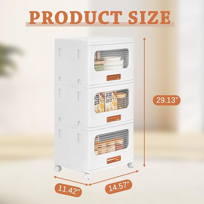VECELO Plastic Storage Cabinet with Drawers, Stackable Storage Bins with Wheels, Waterproof Bathroom Storage Organizer, Multi-Tier Storage Drawers for Bedroom, Living Room, Kitchen, Medium 3-Tier