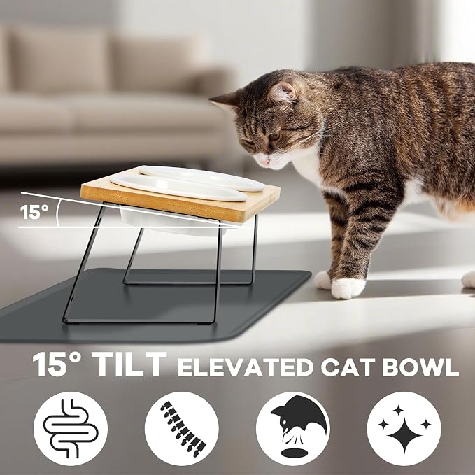 LEAWALK Upgraded Adjustable Height Cat Food Bowls Stand Ceramic Dog Bowls and Slow Feeder Cat Bowl, 15°Tilted Stand Anti Vomiting Raised for Small and Medium Sized Cats Dogs (White)