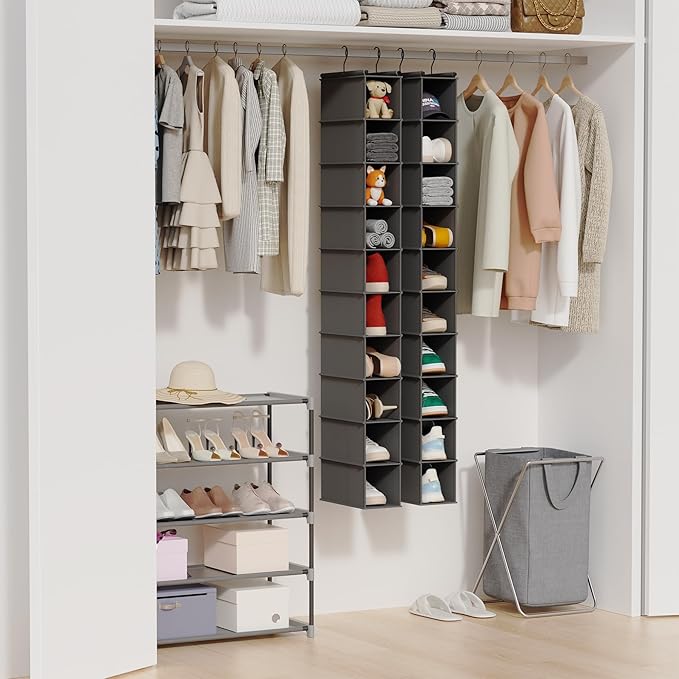 MAX Houser 10-Shelf Hanging Shoe Shelf Organizer for Closet,2 Pack Grey | Foldable Hanging Shoe Storage Shelf with 2 Metal Hooks, Space Saving Storage for Narrow Space