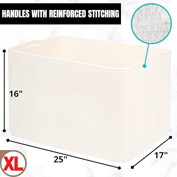 112L Extra Large Blanket Basket Holder Living Room, 25"x17"x16" Rectangle Rope Woven Storage Basket with Handles for Laundry, Towels, Shoes, Dog Toy Organizer Bin Box, Creamy White