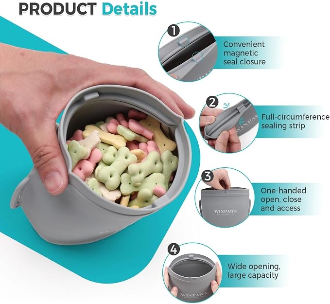 Silicone Dog Treat Pouch with Poop Bag Holder,Waterproof Magnetic Close Sealable Fanny Pack with Adjustable Waist Belt, Pet Puppy Training Essentials, One-Handed Opening with Press & Magnetic (Grey)