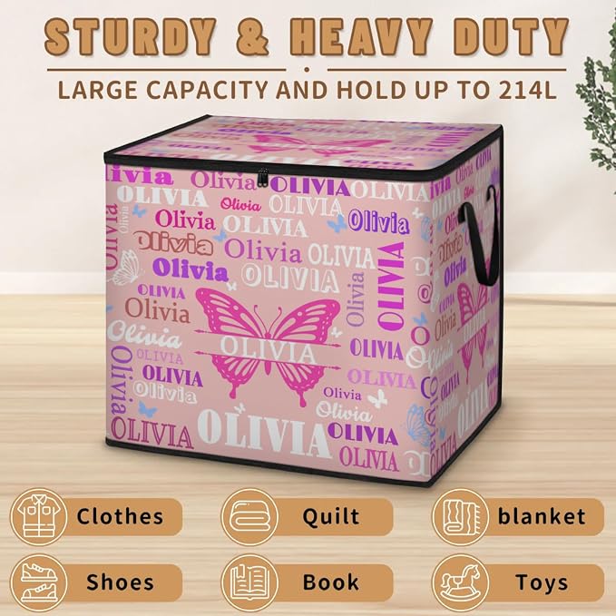 Custom Storage Baskets Cubes for Home with Name, Pale Pink Background Butterflies Large Foldable Organizer Collapsible Storage Bins for Home Blanket Comforters Clothes Closet Nursery