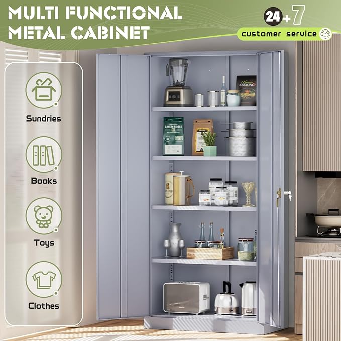 Crownland 72" Metal Storage Cabinet, Lockable Garage Storage Cabinets, High Office Cabinet with Adjustable Shelves for Garage, Home Office, Pantry, File(Cement Grey)