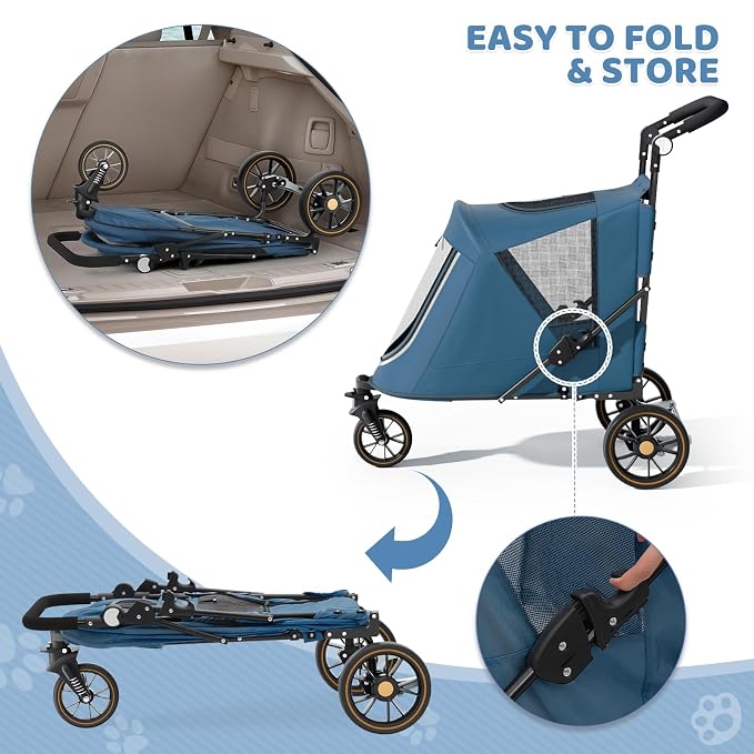 Magshion Pet Stroller for Medium Large Dog, 3-Wheel Foldable Jogger, Navy | All-Terrain with Adjustable Handle, Dual Entry, Rear Storage, Breathable Mesh, One-Foot Brake, Up to 55 lbs