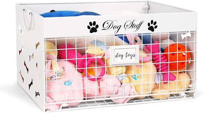 Bfttlity Dog Toy Basket Large Metal Toy Box Storage for Dogs Toys, White | Dog Toy Bin with Handles for Living Room Storage Dogs Chew Pets Toys, Blankets, Clothes, Food