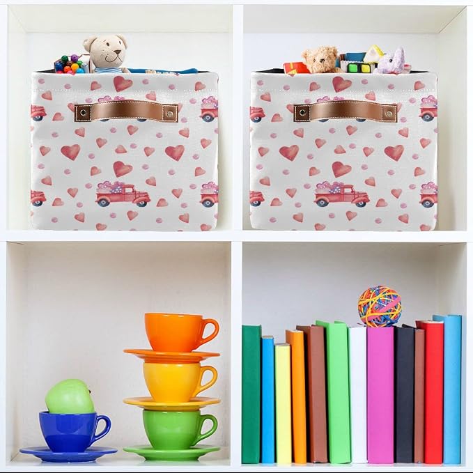 Happy Valentine's Day Storage Basket Fabric Laundry Baskets Love Heart Pickup Truck Car Storage Boxes Organizer Bag for Baby Cloth Dog Toy Book Storage Cubes Shelf Closet Bins 16×12×8 Inches