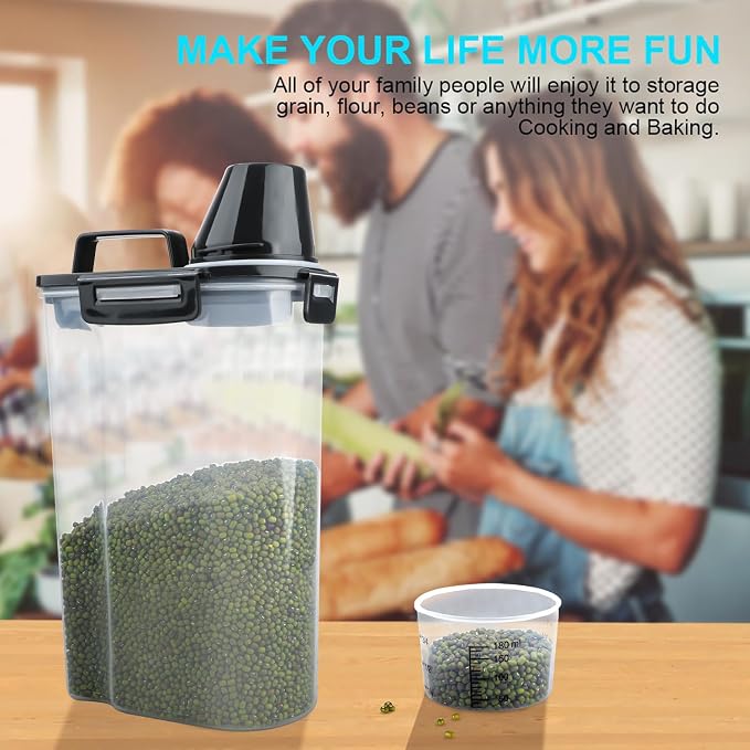 Uppetly Rice Airtight Dry Food Storage Containers, BPA Free Plastic Storage Bin Dispenser with Pourable Spout, Measuring cup for Cereal, Flour and Baking Supplies, Include a Stainless Steel Whisk
