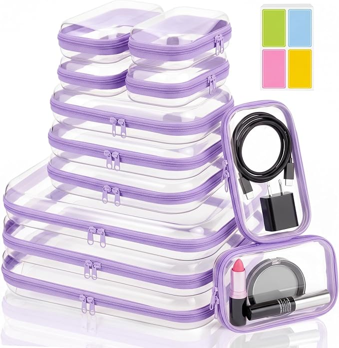 12 Pack Clear Hard Shell Zipper Case with 40 Labels, X-Large/Medium/Small Stackable Clear Pouches, Crush-resistant Travel Toiletry Bag Organizer for Makeup Board Games Electronics (Purple)