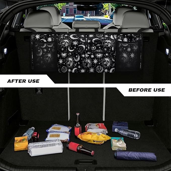 Dreaweet Sun and Moon Car Accessories Cute Trunk Organizer for Car Women Hanging Car Trunk Organizers with Pockets Seat Back Waterproof Car Storage Trunk Organizer for SUV Truck Sedan Minivan