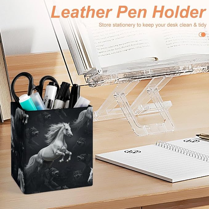 Pen Pencil Holder for Men Women, Pu Leather Square Pencil Organizer Case Dark White Running Wild Horse Wolves Black Makeup Brush Holder Office Supplies