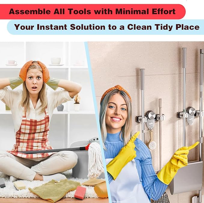6PCS Broom Holder Mop Hanger Wall Mount, No Drill Suction Cup Mop and Broom Organizer with Hooks, Space Saving Adjustable Rack Removable Mop Clip for Bathroom, Kitchen, Garage, Laundry Room