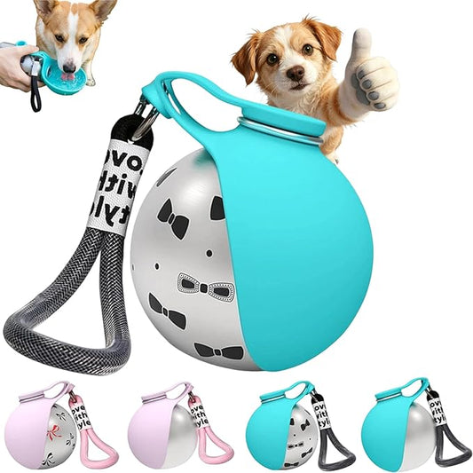 Portable Dog Water Ball,Portable Dog Water Bottle with Bowl,Foldable Pet Water Bottle for Travel,with Stainless Steel Cup & Silicone Bowl,Leak-Proof & Compact Dog Travel,Hiking & Travel (Blue+Print)
