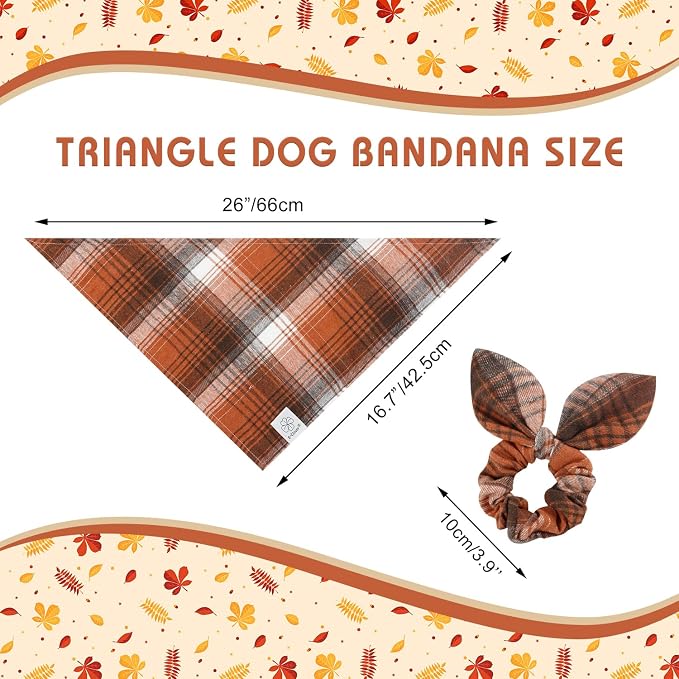 E-Clover Fall Dog Bandanas Matching Dog Bandana and Scrunchie Medium Large | Orange Plaid Dog Bandana Matching Dog and Owner Clothes dog Mom Gifts Girl Dog Bandanas