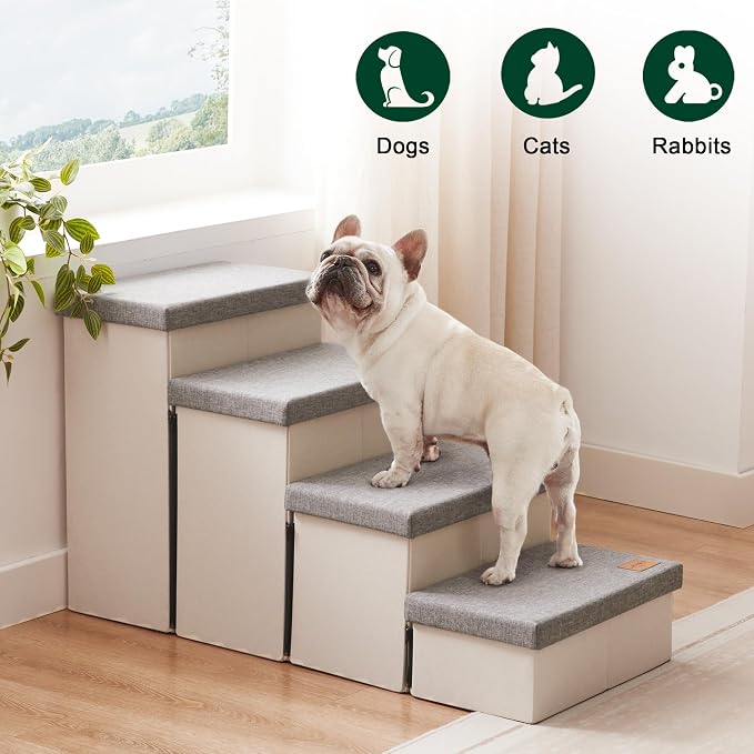 Love's cabin Dog Stairs for High Bed, Foldable Pet Stairs for Small Medium or Large Dogs Puppy with Storage for Bed or Couch, Cat Dog Steps Ramp with Zip up to 200 lbs, Light Grey, 4 Steps