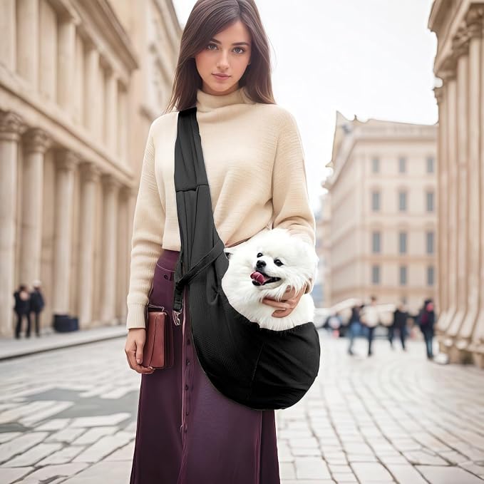 Dog Sling Carrier Soft Breathable for Small Dogs Cats 3-12 lb Black | Cat sling & dog carrier sling with safety tether, organizer pocket, soft fabric. Perfect for travel, hiking,outdoor
