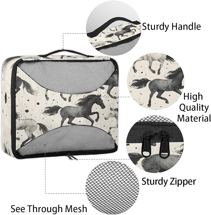 Horse 4 Set Travel Packing Cubes for Accessories, Suitcase Organizers Luggage Bags Set with Double Zippers & Mesh Top