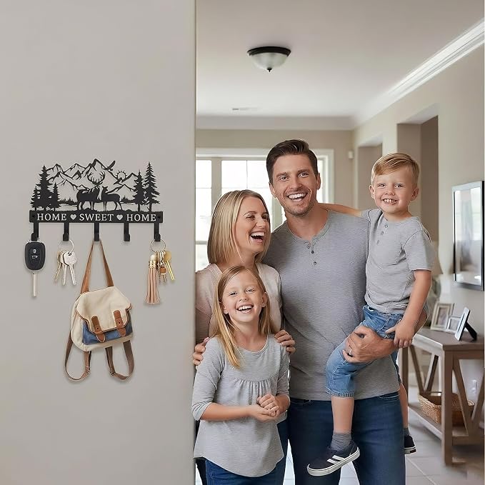 Deer Mountain Metal Key Holder Wall Mount Key Holder for Wall Rustic Cabin Decor Key Rack Hooks Hanger Woodland Wildlife Wall Art Entryway Organizer Housewarming Hunting Gifts
