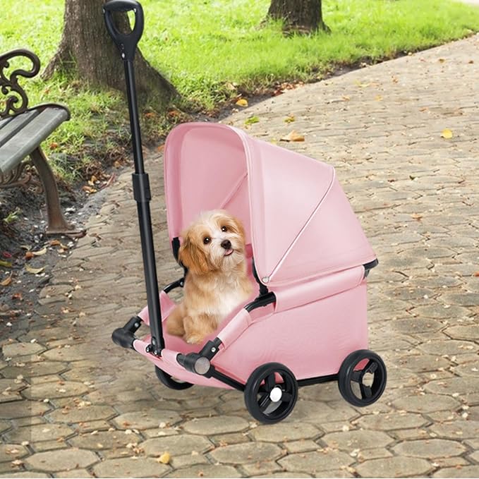 Dog Stroller Pet Stroller Dog Cart Pet Carrier with One Button Fold Three Rotation Pull Rod Lightweight Oxford Suitable for City, Pink