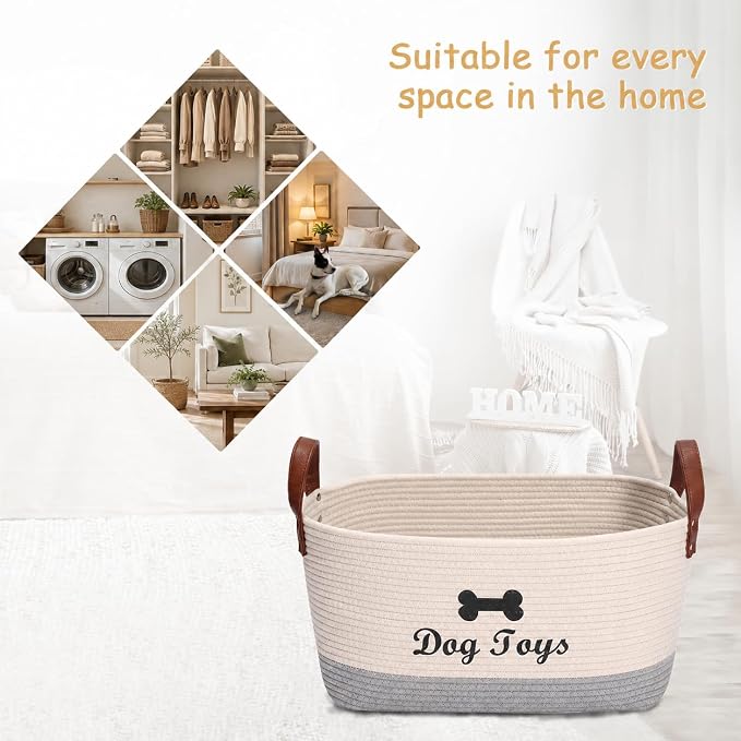 Large Dog Toy Basket, 100% Cotton Rope Dog Toy Storage Bin-Beige ﻿ ﻿ | Dog Toy Box for Livingroom Area with Handle for organizing Pet toys,Blankets,Leashes,Pee Mats and Diapers-16.5"x10.6"x 7.5"