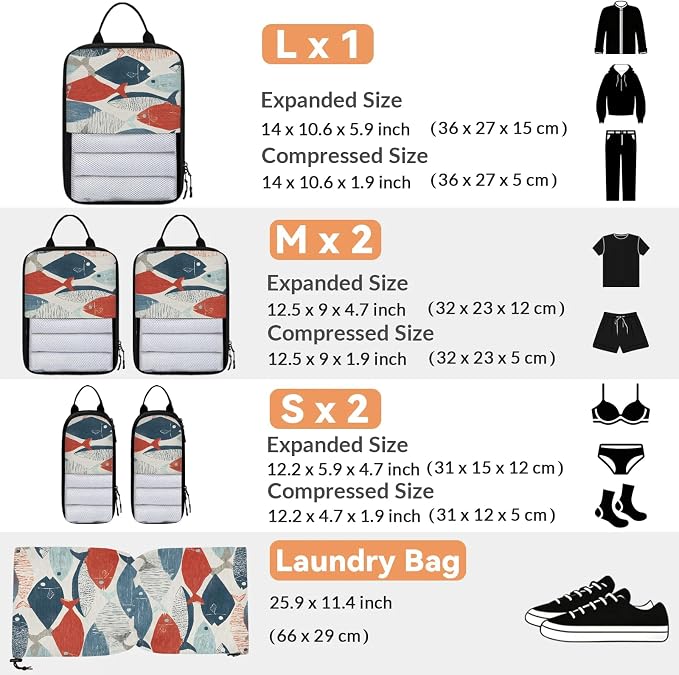 TropicalLife Cute Boho Fish 6 Set Compression Packing Cubes | Compressible Expandable Luggage Suitcase Organizer Bags Space Saver Bags for Carry on
