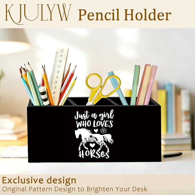 Black and White Horse Pen Holder for Desk, Horse Gifts for Women, Just a Girl Who Loves Horses Wooden Box Pencil Pen Holder Organizer for Home Office Desk Accessories