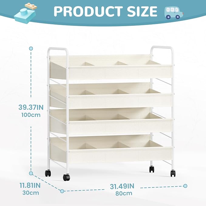 Kids Toy Storage Organizer with 4 Shelves & Wheels for Playroom | White, Large Size, Steel Frame & Oxford Fabric, Rolling Casters with 2 Locks, Safe Rounded Edges, Easy Assembly