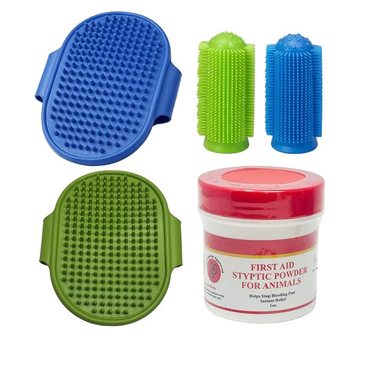 Pet Grooming & Care Kit with Styptic Powder – Dog & Cat Bath Brush, Finger Toothbrush Set, 1oz Pet Nail Stop Bleeding Powder – Complete At-Home Grooming Bundle (5, Multicolor)