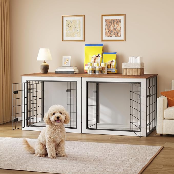 HOOBRO Dog Crate Furniture for 2 Dogs, 63" Large Double Dog Crate Furniture with Divider, Wooden Indoor Kennel TV Stand for Medium Large Dogs, White and Walnut WH55GW03