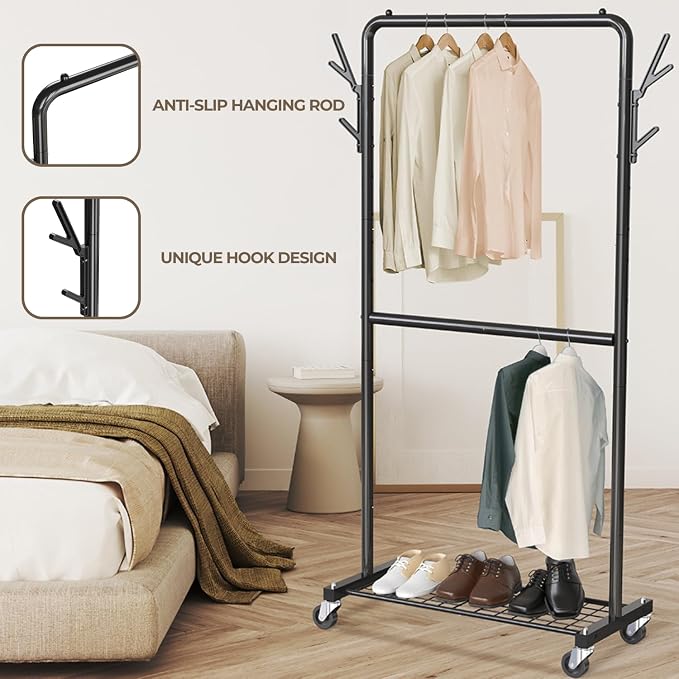 Simple Houseware Double Rod Clothes Rack with Wheels, Hooks & Shelf, Black | Heavy-Duty Metal Garment Rack Organizer