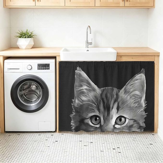 Black Cat Sink Skirt 11"Wx13"L,Dustproof Under Sink Curtain with Self Adhesive Tape,Cute Pets Eyes Fur Vintage Oil Painting Cabinet Curtain Cover for Bathroom Vanity,RV,Kitchen Cabinet Storage Shelf