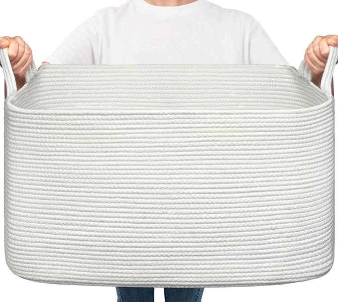 Goodpick Large Woven Rope Blanket Basket, Rectangle, White, 75L | 21.6'' x 14.9'' x 11.8'' Storage Basket for Blankets & Toys, Living Room, Bedroom & Nursery Organization, Reinforced Handles