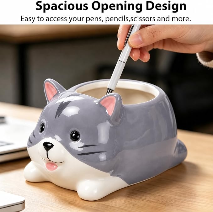 Ceramic Cat Shaped Pen Pencil Holder for Desk Decoration Accessories Cat Decor Makeup Brush Pen Cups Office School Ideal Gifts for Women, Mom or Birthdays