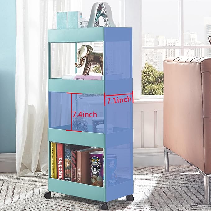 4 Tier Slim Rolling Utility Kitchen Cart Bathroom Organizer for Narrow Places Multipurpose Storage Shelve Mobile Trolley for Bedroom Laundry Office Restaurant Garage Pantry (Teal)