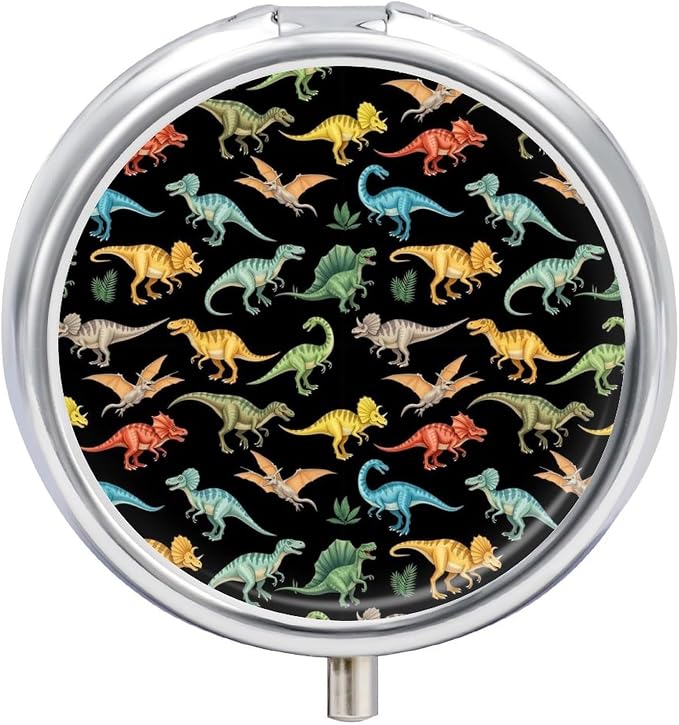 Round 3 Compartment Pill Box with Mirror Cute Dinosaur Design, Portable Metal Pill Case for Purse Pocket Vitamin Storage