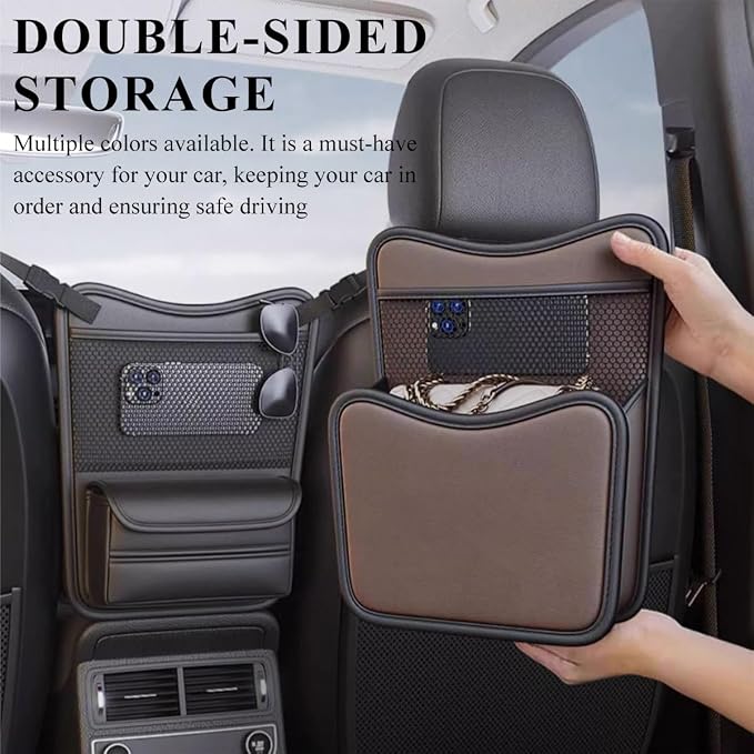 DXNQ Car Organizer Storage Between Seats, Leather Large Capacity Automobile Handbag Hanging Store Content Bag, Auto Console Organizer Holder for Snack Phone Document Storages, Car Accessories (Brown)