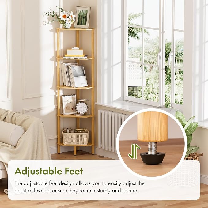 Corner Shelf, 5 Tier Bamboo Corner Bookshelf, 54" Tall Narrow Bookcase, Plant Stand, Corner Display Rack, Shower Caddy, Display Standing Shelf Organizer for Bedroom, Living Room, Kitchen, Apartment