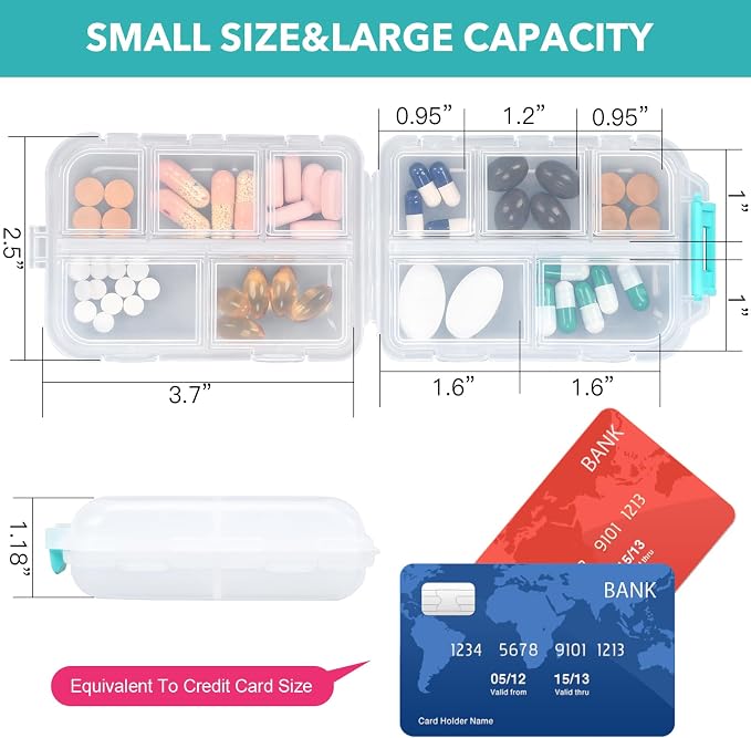 Pill Organizer Travel with 189 Medicine Labels, 10 Compartments Pill Container Travel Pill Box Purse Pill Case Compact Pill Organizer (White, 1 Pack)
