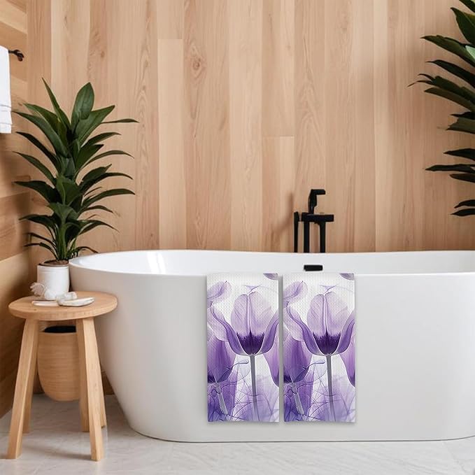 Purple Tulips Butterfly Floral Hand Towels,Set of 2 Absorbent Bath Towel Kitchen Dish Towel Home Gym Hotel Bathroom Decor,16x24 Inches