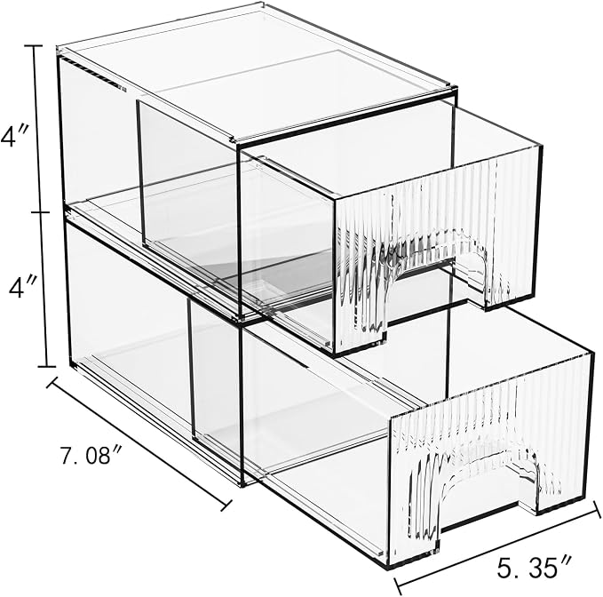 ZHIAI 2 Pack Clear Stackable Cosmetic Organizer, Acrylic Drawer, Plastic Organizer for Dresser, Vanity, Kitchen Cabinet, Pantry, Home Organization and Storage