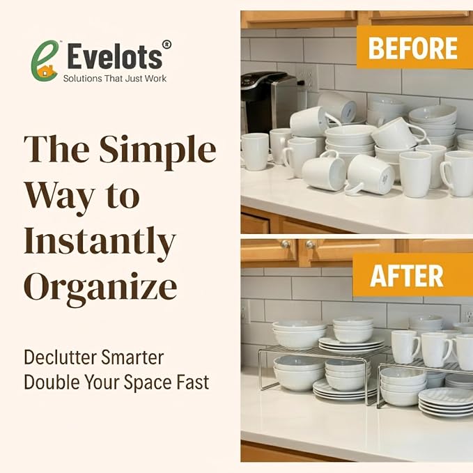 Evelots Wire Shelf Organizer Set, Large Metal Cabinet Risers, 4-Pack Chrome | Four large rustproof metal shelf organizers create extra storage space in kitchen cabinets, pantries, freezers and bathrooms.