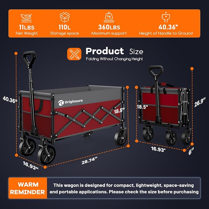 Originsure 110L Portable Foldable Wagon Cart, 360lbs Heavy Duty, Grey&Red | All-Terrain Wheels,Solid Steel Frame,Adjustable Handle,Compact&Space-Saving,Utility for Camping,Sports,Grocery,Garden