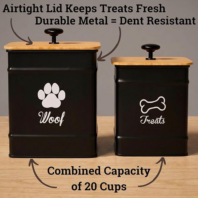 Dog Treat Container Airtight Set of 2 - 8x6 & 7x5 inch Iron Dog Treat Jars for Kitchen Counter with Airtight Bamboo Lids - 20 Cup Capacity Pet Treat Container Set - Doggie Cookie Jar - Treats Canister | Fits All Popular Treats, Up to 20 Cups Combined C...