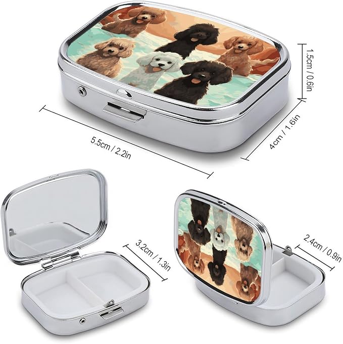 Poodles Dogs Pill Organizer Cute Pill Box Decorative Metal Pill Case Portable Vitamin Organizer Travel Medicine Holder Mini Pill Storage Container for Purse