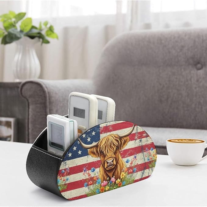 Remote Control Holder Box American Flag Highland Cow Desk Storage Caddy | with 5 Compartments, American Flag Highland Cow Office Supplies Table Decor for Media Player, Stationery, Makeup Brush